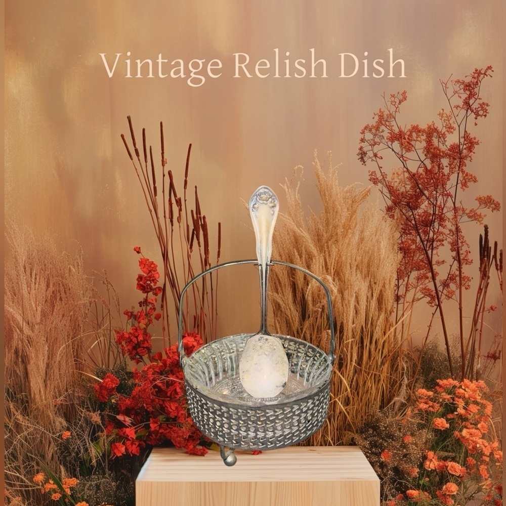 Condiment Caddy 6” w/ Glass Bowl in Silver Basket & Serving Spoon